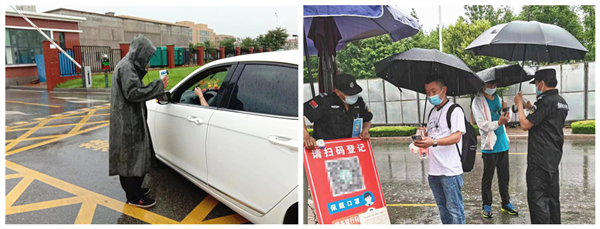 為確保雨天業(yè)達(dá)工業(yè)園廠區(qū)安全工作一切正常，全體保安員不懼風(fēng)雨，冒雨執(zhí)勤，做好疫情防控措施和入園檢查流程 (3)_副本